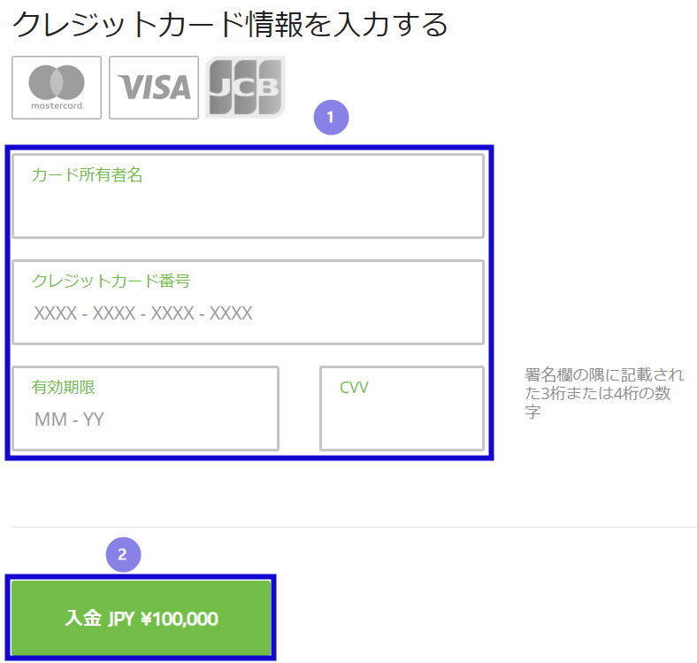 TitanFXのクレジットカード入金方法の解説画像